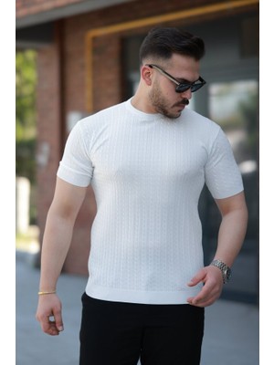 Erkek Bisiklet Yaka Örgü Desenli Kısa Örme Triko Kısa Kollu T-Shirt