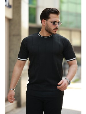 Demir Grup Erkek Bisiklet Yaka Çizgi Desenli Ribanalı Kısa Kollu Tshirt