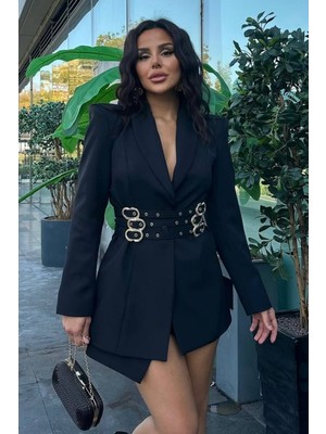 Kadın Blazer Ceket Şık Kruvaze Yaka Vatkalı Gold Kemer Detaylı Ceket