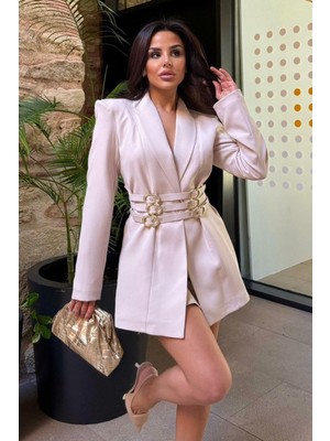 Kadın Blazer Ceket Şık Kruvaze Yaka Vatkalı Gold Kemer Detaylı Ceket