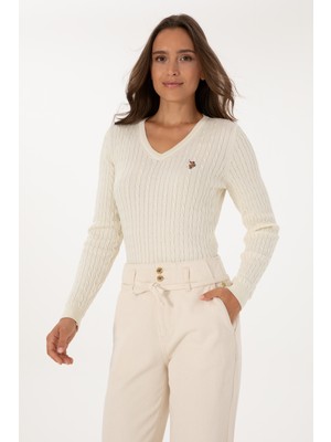U.S. Polo Assn. Kadın Beyaz V Yaka Basic Kazak 50307700-VR256