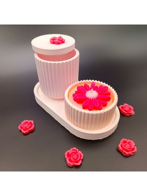 Byr Dekoratif Kiremit Rengi Kırmızı Papatyalı Mum + Tepsi + Vazo 3D