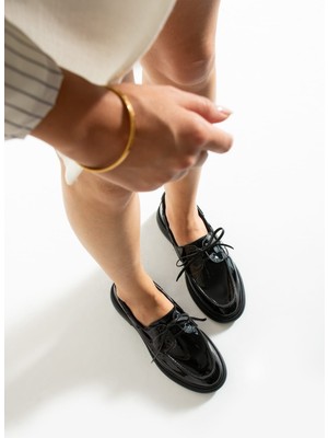 Yula Fashion Shoes Camelia Kadın Siyah Rugan Loafer Nefes Alabilen Suni Deri Kaydırmaz Taban