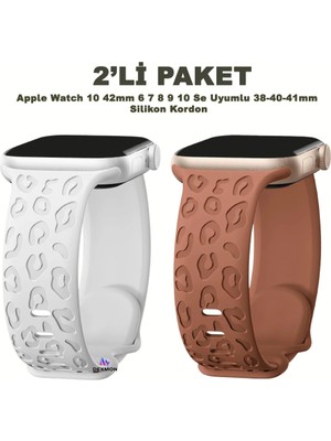 Apple Watch 10 42MM – 6 7 8 9 10 Se Uyumlu 38-40-41MM Leopar Desenli 2'li Silikon Kordon Seti
