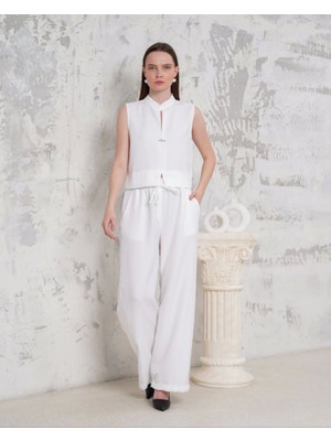 Broşlu Yelek Pantolon 2li Takım Beyaz