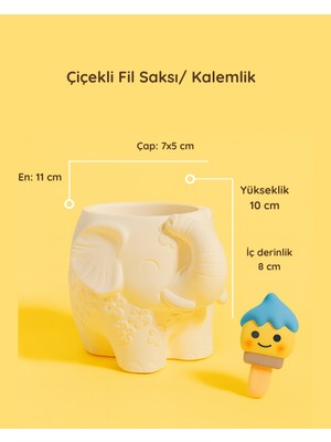 Çiçekli Fil Seramik Saksı / Kalemlik – Dekoratif Masaüstü Organizer | Dayanıklı Beton Tozu