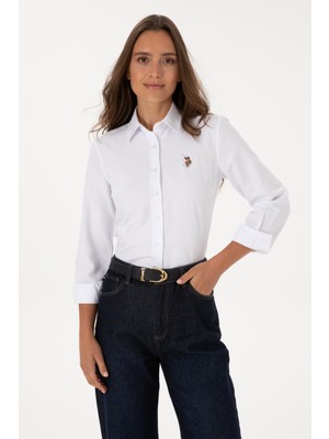 U.S. Polo Assn. Kadın Beyaz Basic Gömlek Slim Fit %54 Pamuk %46 Poliester Düz Desenli Trend Stil