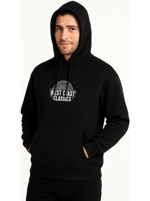 Erkek Üç Iplik Kapüşonlu Ön ve Arka Baskılı Sweatshirt Hoodie - Siyah