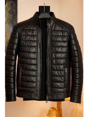 DERİMONTAYA Hakiki Şişme Erkek Deri Mont siyah Ceket
