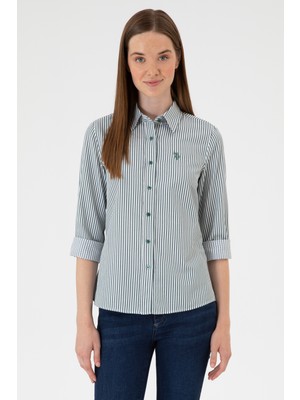 U.S. Polo Assn. Kadın Koyu Yeşil Çizgili Uzun Kollu Gömlek 50316492-VR079