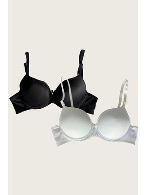 Marsilyan- Siyah-Beyaz 2'li Mikro Kumaş Push Up Dolgulu Balenli Günlük Destekli Sütyen