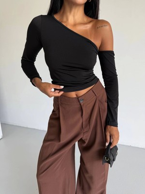 Omuz Detaylı Kollu Bluz Siyah F2336