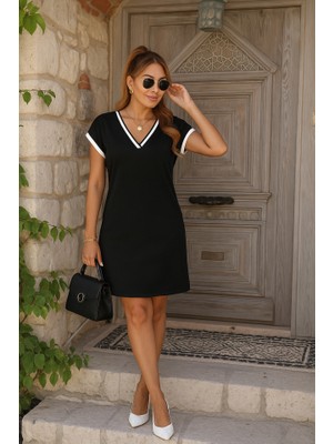 Nidam Butik Kadın Kısa Kollu V Yakalı Ribanalı Modal Mini Elbise