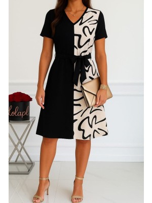 Tiana Kadın Kısa Kollu V Yakalı Çift Renkli Desenli Beli Kuşaklı Atlas Elbise