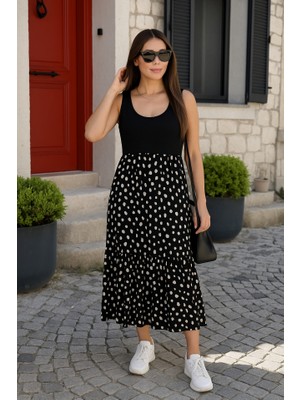 Arben Boutique Kadın Askılı Yuvarlak Yaka Üst Viskon Alt Desenli Bürümcük Elbise