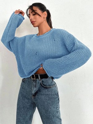 Salaş Delik Detaylı Kazak Mavi