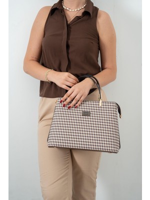 Silver & Polo Silver Polo SP924 Kadın El Çantası Ekose Line Kare Kahve Sarı-Kahve