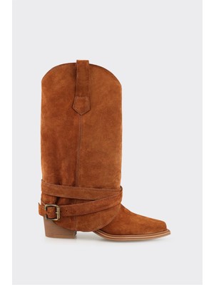 Elle Taba Deri Kadın Western Çizme Kalın Topuklu Orta Boy Kışlık Kullanım İçin Şık Tasarım