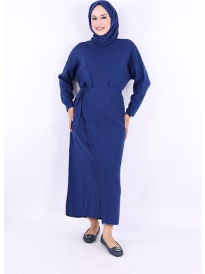 Bym Fashion Pelerinli Bağlamalı Triko Elbise 17031 Lacivert