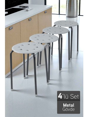 Otto Metal Gövdeli Modern Tabure Mutfak Bahçe Taburesi - 4 Adet Gri