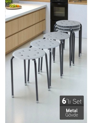 Otto Metal Gövdeli Modern Tabure Mutfak Bahçe Taburesi - 6 Adet Gri