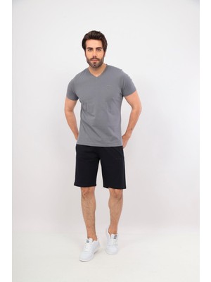Erkek V Yaka Tshirt Şort Cep Fermuarlı Alt Üst Takım