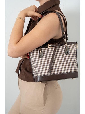 Silver & Polo Silver Polo SP1155 Kadın El Çantası Ekose Line Kare Kahve Sarı-Kahve
