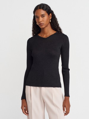 10803 V Yaka Simli Triko Kazak-Siyah