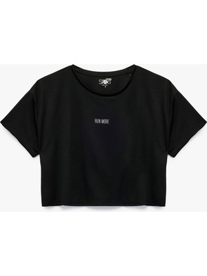 Kısa Kollu Bisiklet Yaka Oversize Baskılı Crop Spor Tişört