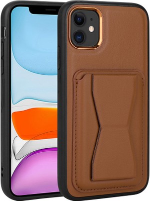 Apple iPhone 11 Kılıf Kartlıklı Standlı ​pu Deri Ecrz Memo Kapak-Kahverengi