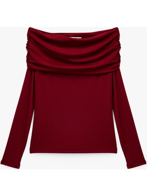 Slim Fit Uzun Kollu Drapeli Omzu Açık Tişört
