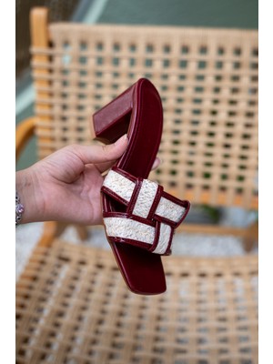 Amara Bordo Örme Hasır Detaylı Kadın Topuklu Terlik