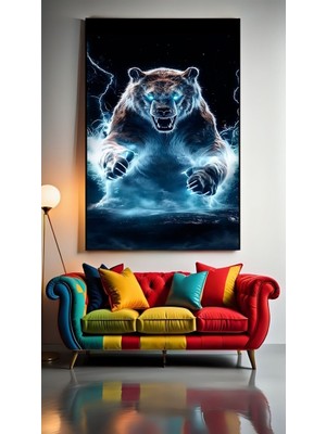 Neon Görünümlü Boz Ayı Ev Duvar Salon Güzellik Salonu Ofis Dükkan Dekarasyon Kanvas Tablo