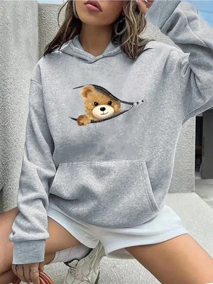 Kadın Fermuar Sevimli Ayı Baskılı Kapüşonlu Siyah Gri Hoodie Sweatshirt Oversize