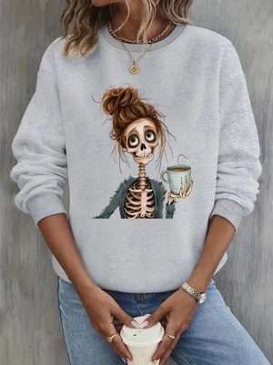 Kadın Kahvekolik Iskelet Baskılı Bisiklet Yaka Gri Siyah Sweatshirt Oversize Salaş