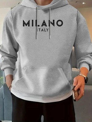 Erkek Milano Baskılı Oversize Salaş Gri Siyah Kapüşonlu Sweatshirt