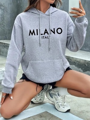 Kadın Milano Italy Baskılı Kapüşonlu Siyah Gri Hoodie Sweatshirt Oversize