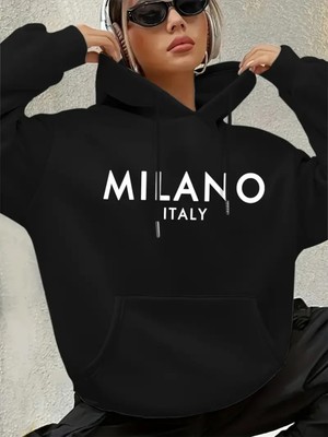 Kadın Milano Italy Baskılı Kapüşonlu Siyah Gri Hoodie Sweatshirt Oversize