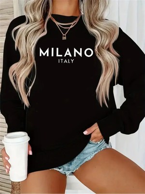 Kadın Milano Italy Baskılı Bisiklet Yaka Gri Siyah Sweatshirt Oversize Salaş