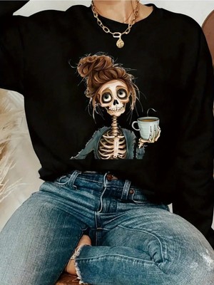 Kadın Kahvekolik Iskelet Baskılı Bisiklet Yaka Gri Siyah Sweatshirt Oversize Salaş