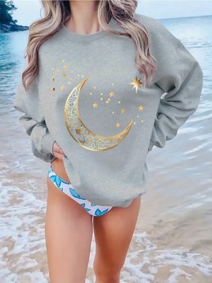 Tasarım Ay Yıldız Baskılı Bisiklet Yaka Gri Siyah Sweatshirt Oversize Salaş