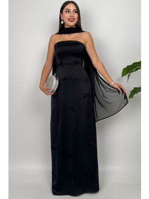 Lilina Straplez Fiyonk Detaylı Şal Aksesuarlı Uzun Siyah Abiye Elbise