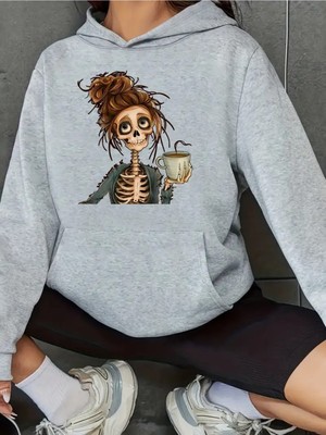Kadın Kahvekolik Iskelet Baskılı Kapüşonlu Gri Siyah Sweatshirt Oversize Salaş