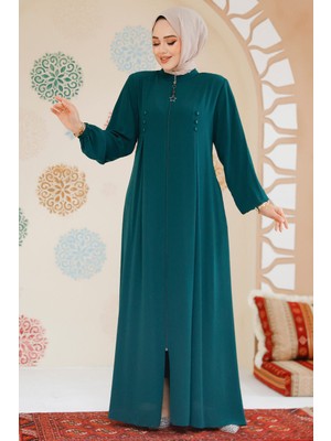 Fermuarlı Zümrüt Yeşili Tesettür Abaya 45282ZY
