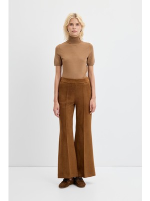 Fit Kesim Nervür Dikişli Süet Pantolon Taba