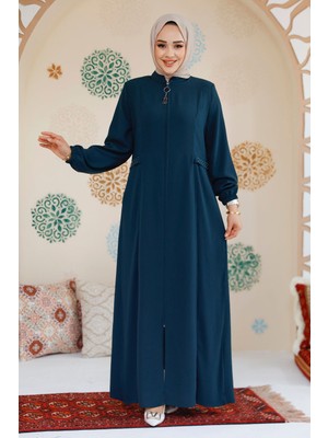 Pile Detaylı Zümrüt Yeşili Tesettür Ferace 45289ZY