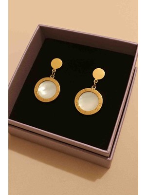 Paslanmaz Çelik Altın Renk Roma Rakamlı Sedef Detaylı Sallantılı Küpe