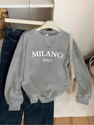 Kadın Milano Italy Baskılı Bisiklet Yaka Gri Siyah Sweatshirt Oversize Salaş
