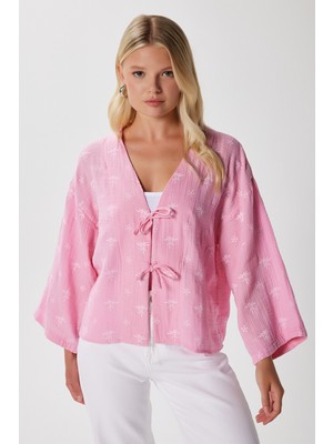 Kadin Flora Müslin Kabartma Dokulu Pembe Kimono