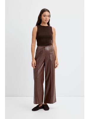 Yüksek Bel Nervür Dikişli Deri Pantolon Kahve